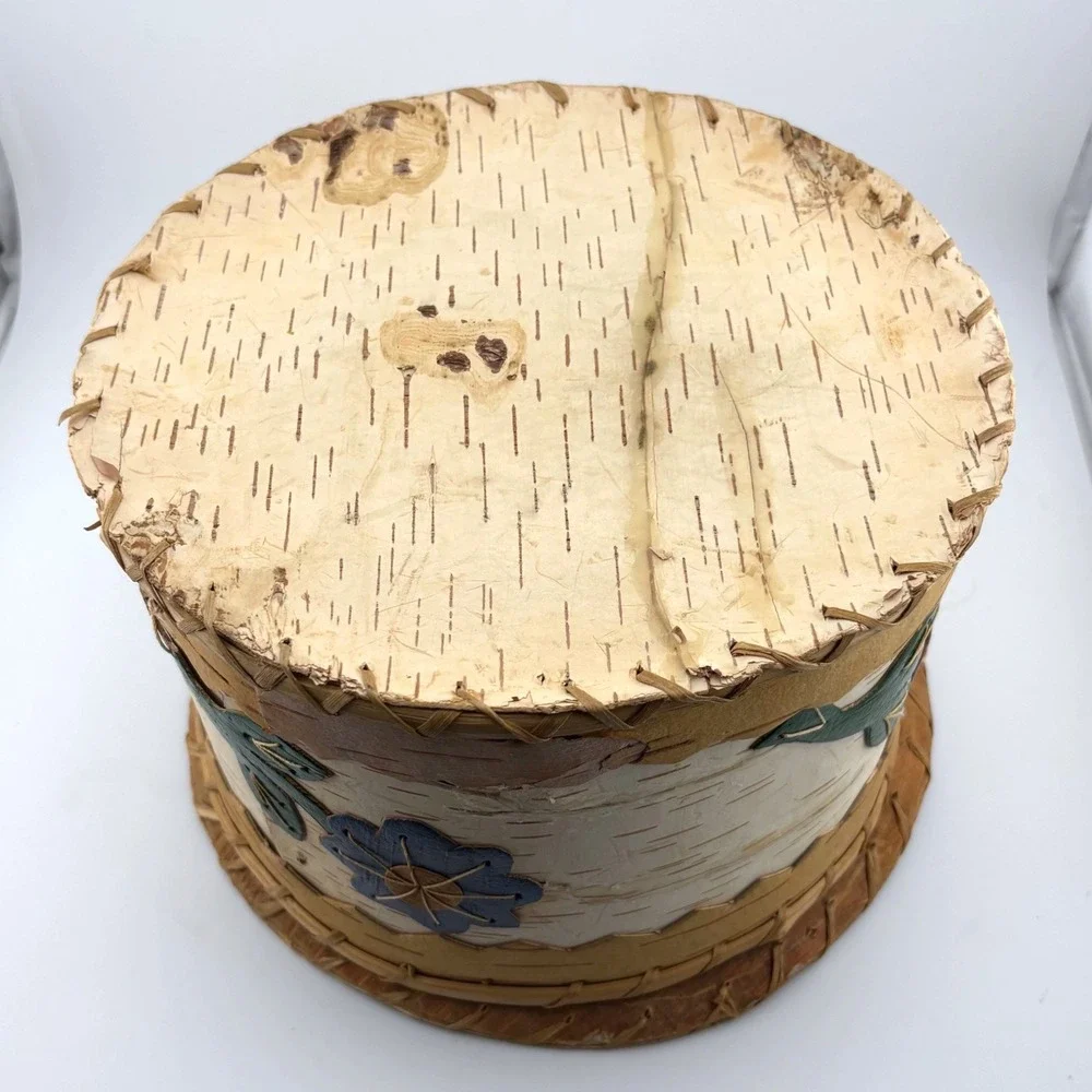 Vintage‎ Handcrafted Birch Bark Floral Applique Storage Box with Lid Rustic Folk